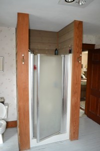 Old fiberglass 36" x 36" shower with a flimsy framed shower door