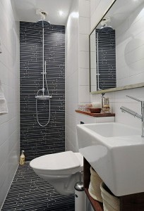 Small bathroom using a wet room shower with wall mounted toilet 