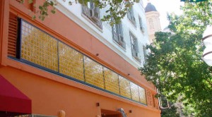 Colored glass blocks in a commercial building 