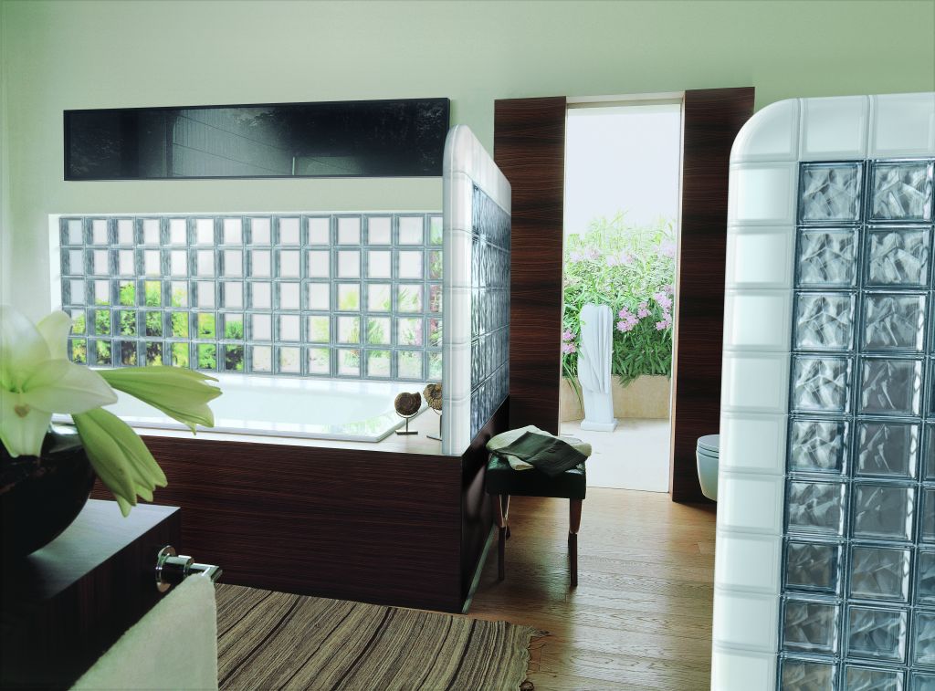 Bathroom walls with frosted and clear glass blocks