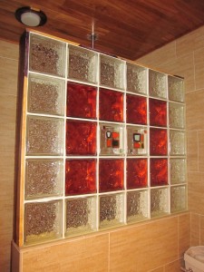 Decorative colored glass tile block wall using decora vue and seascapes patterns