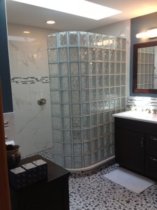 Glass block shower in a bathroom remodel in Black Hawk Colorado