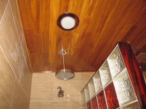 Teak ceiling from inside of shower