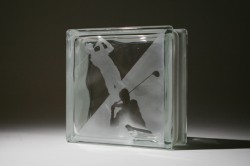 Golfer on an etched glass block 