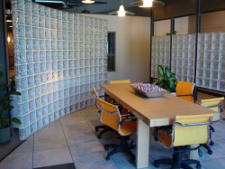 Sweeping curved conference room glass block wall 