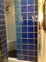 Striped colored glass block shower wall