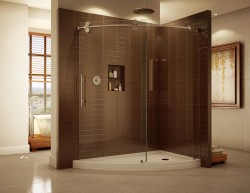 Unique shaped slice shaped corner shower with high end glass enclosure 