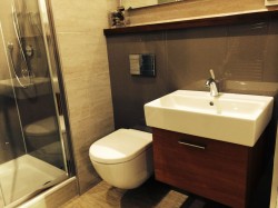 Mocha wall surrounds behind a wall mounted vanity and toilet 