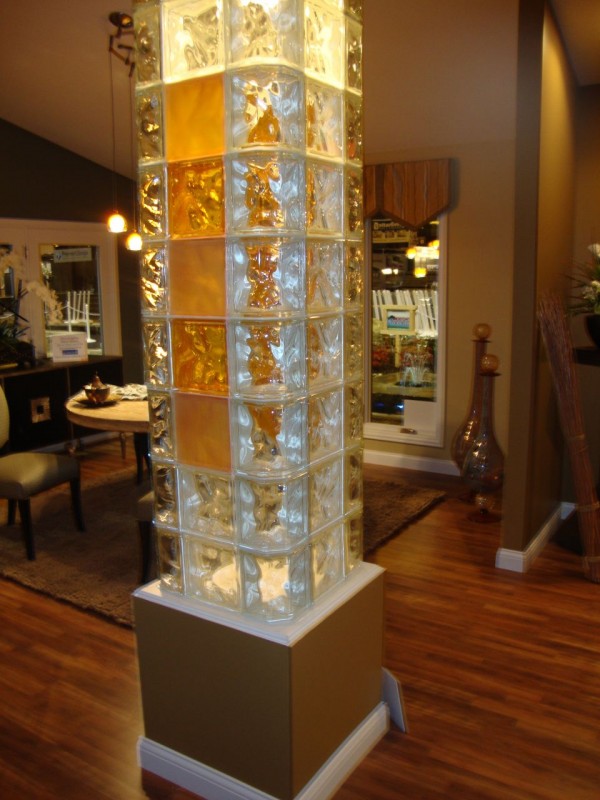 Interior column with colored and frosted glass blocks 