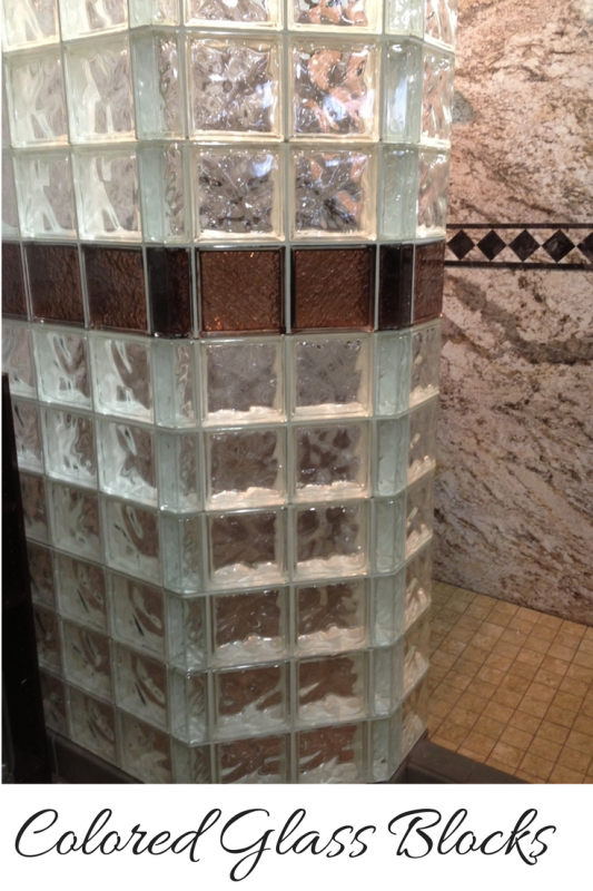 A colored glass block strip in a NEO angle shower wall 