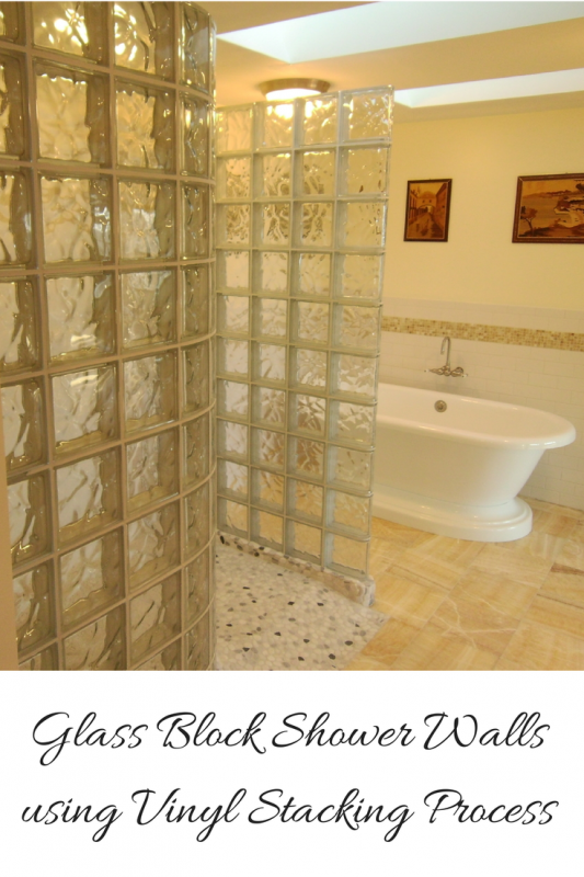 Glass block shower walls using Protect All stack and anchoring system