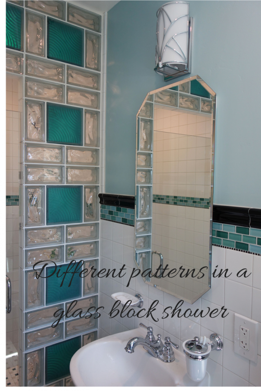 Different patterns and colors in a glass block shower