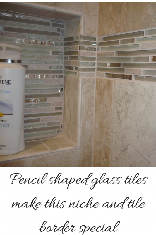 Recessed Niche and Tile Border With cool pencil shaped glass tiles 