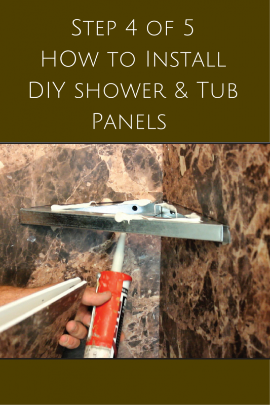 Step 4 installing corner shelves in DIY shower wall panel installation