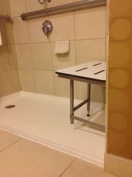 Fiberglass shower base in a handicapped room at DoubleTree hotel room in Worthington Ohio 