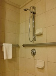 Soap dishes at 2 levels for seated and standing users in a hotel shower