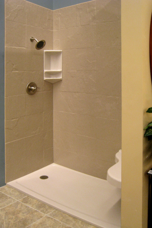 Stone tile textured solid surface shower wall panels with a corner shelf 