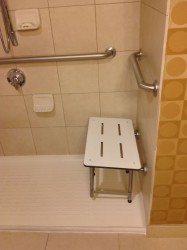 Institutional looking grab bars in a worthington ohio accessible shower at Doubletree Hotels