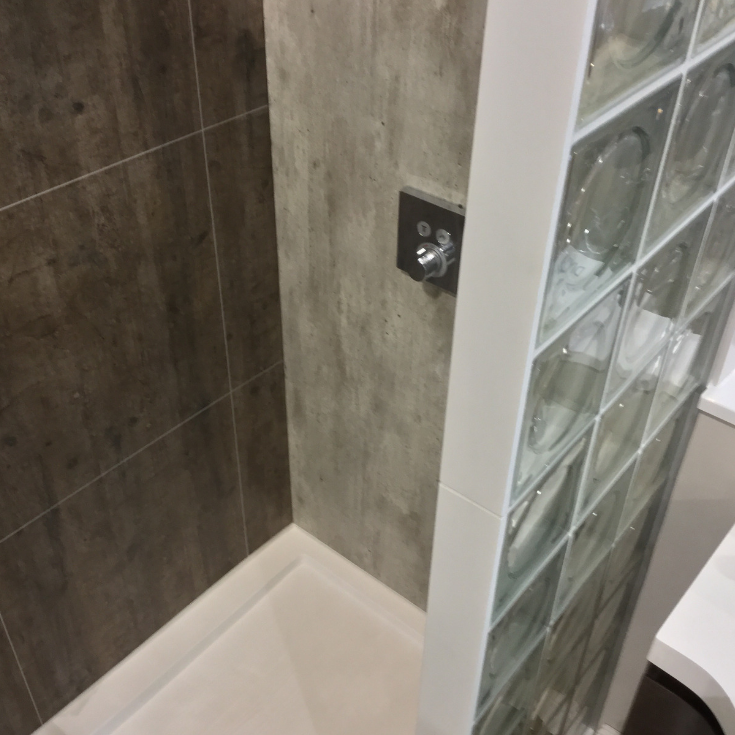 Laminated shower panels with circular focus contemporary glass block wall