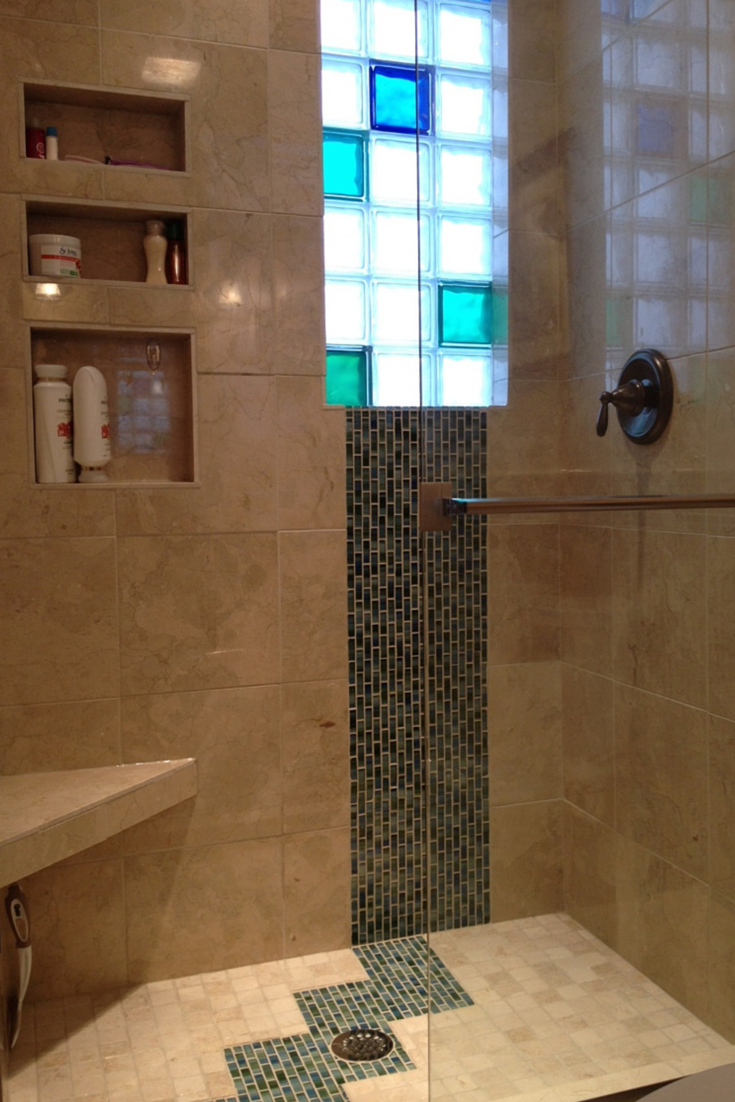 Colored glass block window small bathroom | Innovate Building Solutions