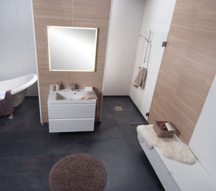 Laminated shower and bathroom wall panels with a wood textured look in a contemporary bathroom| Innovate Building Solutions 