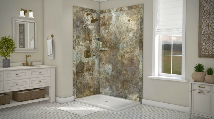 Decorative DIY faux stone shower wall panels in a 48 x 36 corner shower stall | Innovate Building Solutions 