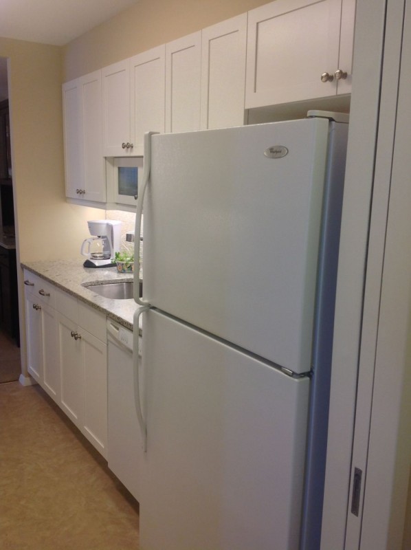 under cabinet lighting in a galley style kitchen in lakewood ohio high rise 