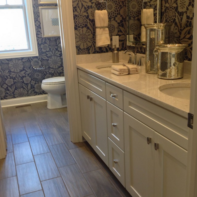 Ceramic floors in a bathroom which look like wood at Columbus Parade of Homes