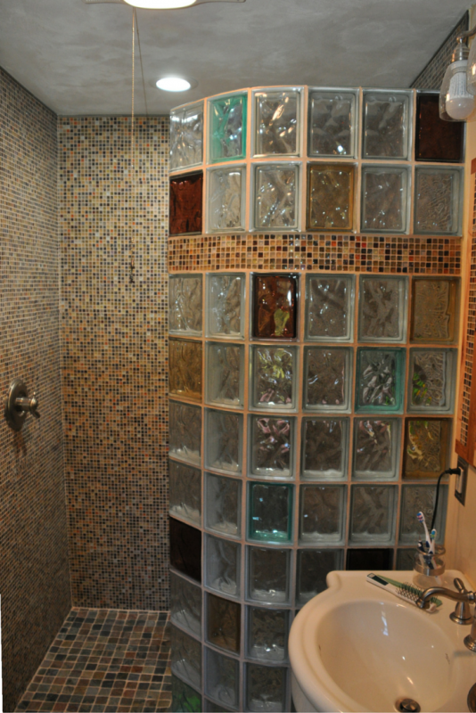 Bath to shower conversion with a colored glass block shower wall | Innovate Building Solutions 