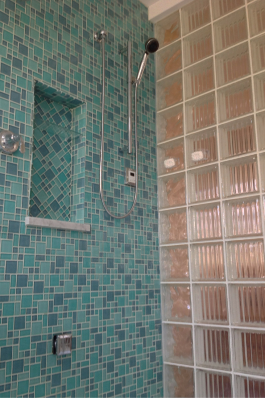 A contemporary glass block shower design