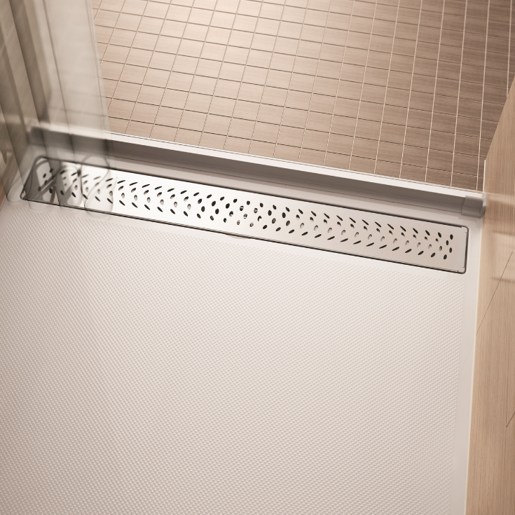 Roll in acrylic shower pan with water barrier lip | Innovate Building Solutions