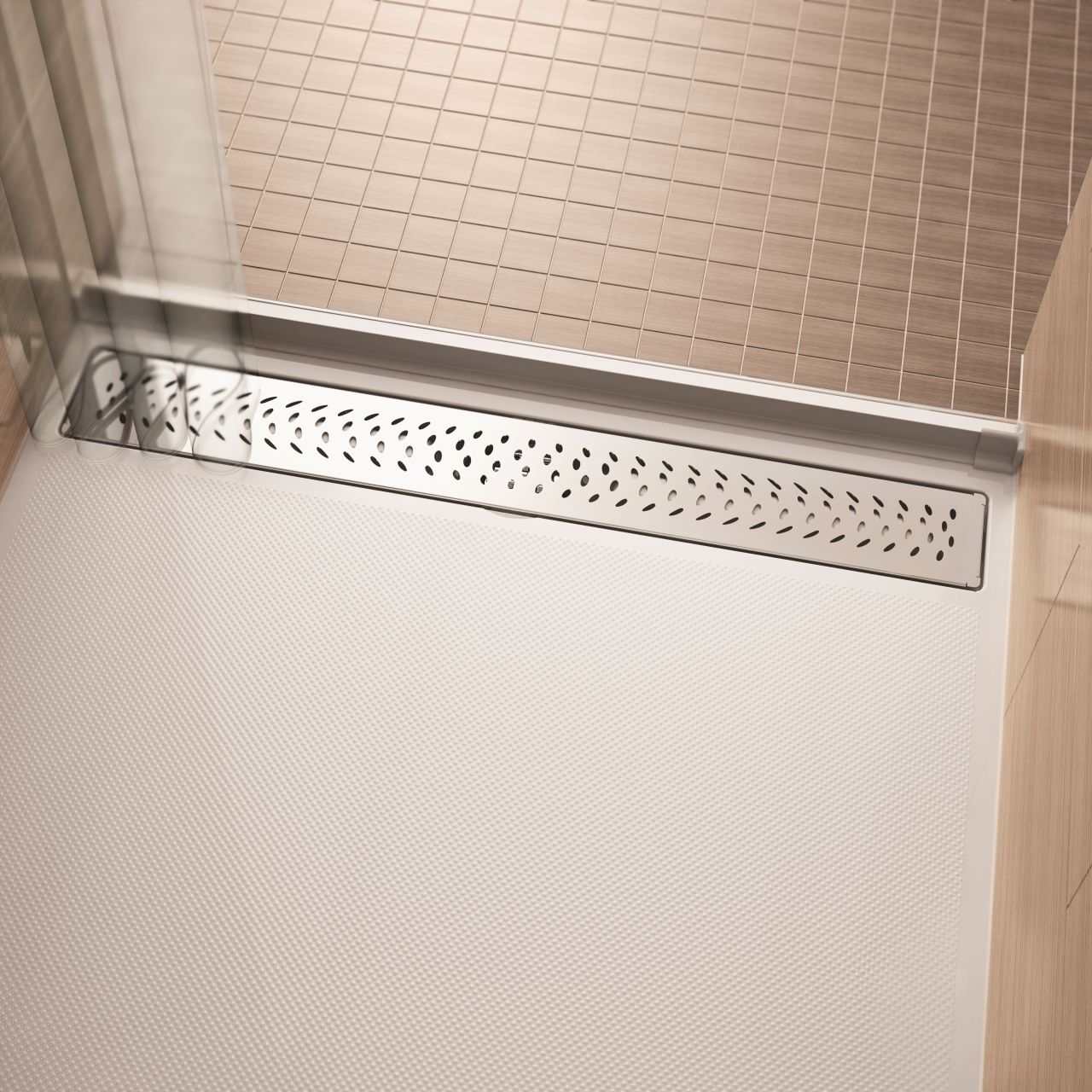 acrylic roll in shower pan with a water barrier strip | Innovate Building Solutions