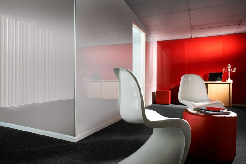 A fire engine red modern office feature wall really pops out 