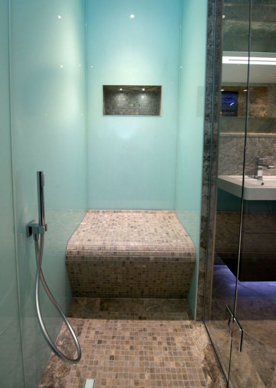 96 inch high shower wall in a color called "glacier" 