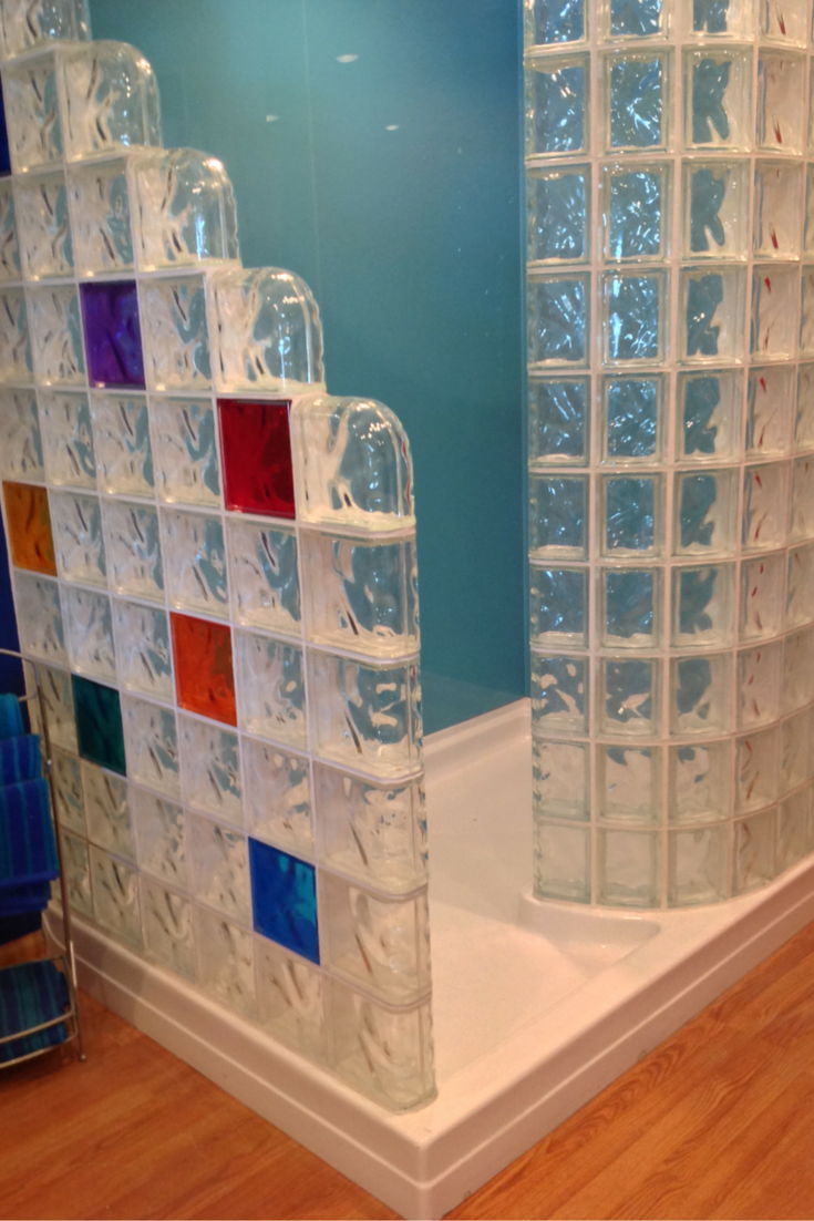 Acrylic glass block shower pan 72 x 51 with colored glass block prefabricated walls