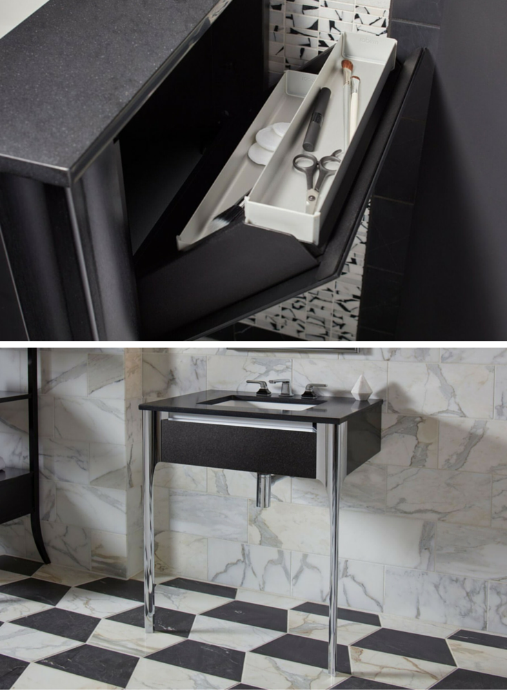 Hidden compartment storage in a small luxury bathroom vanity Balletto series by Robern 