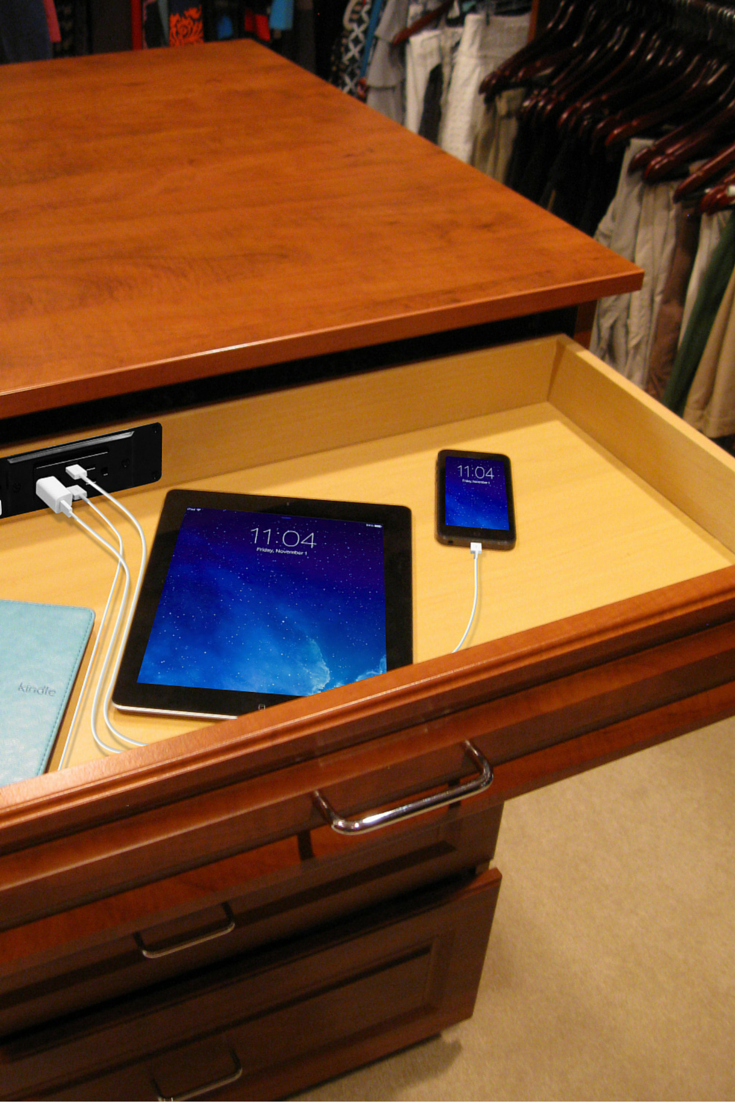 Docking drawer to charge IPads Cell Phones and Blowdriers inside a drawer 