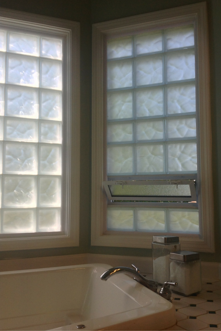 Frosted glass block window for more light and privacy in a bathroom 