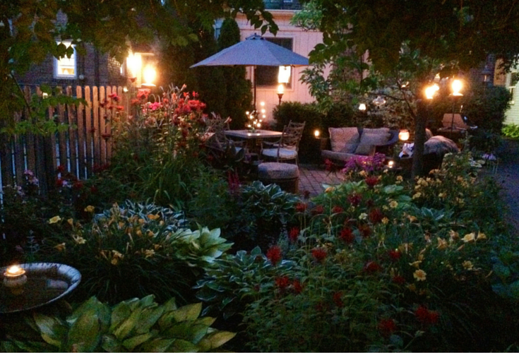 Nightime view of a garden in university heights ohio 