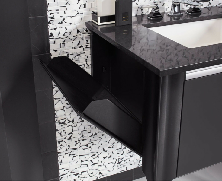 Pull down storage drawer in a contemporary wall mounted bathroom vanity by Robern 