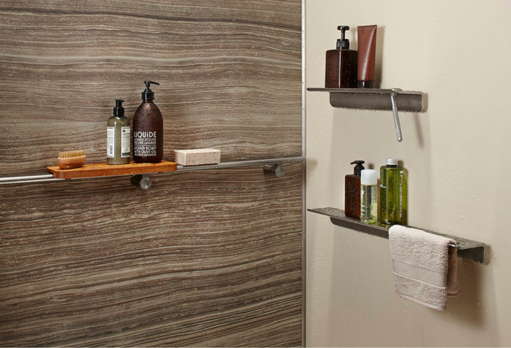 Floating shower shelves in an upscale wall panel system