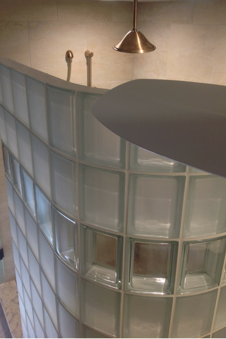 Curved glass block shower wall with a frosted high privacy and clear blocks in columbus ohio
