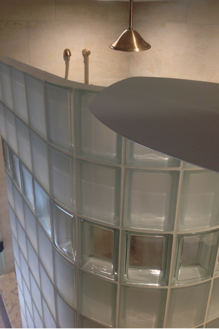 Curved glass block shower wall with a frosted high privacy and clear blocks in columbus ohio 