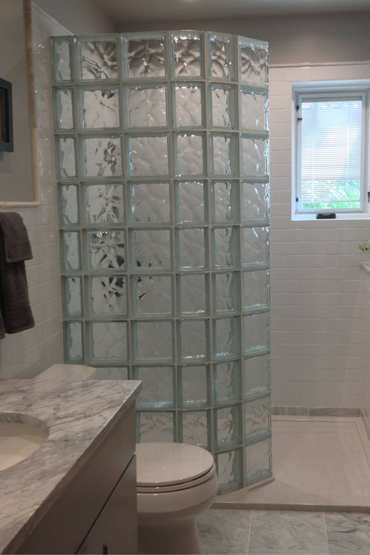 Curved glass block shower for a 60 inch walk in shower 