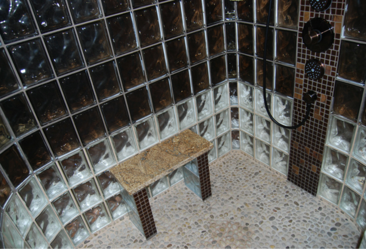 Glass block bench seat in an upscale walk in shower in Othello Washington 