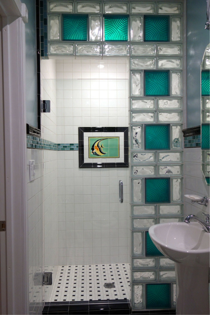 Catalina mosaic tile was the focal point of this san diego colored glass block shower design 