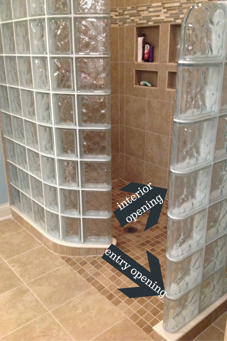 glass block shower with an entry and interior opening