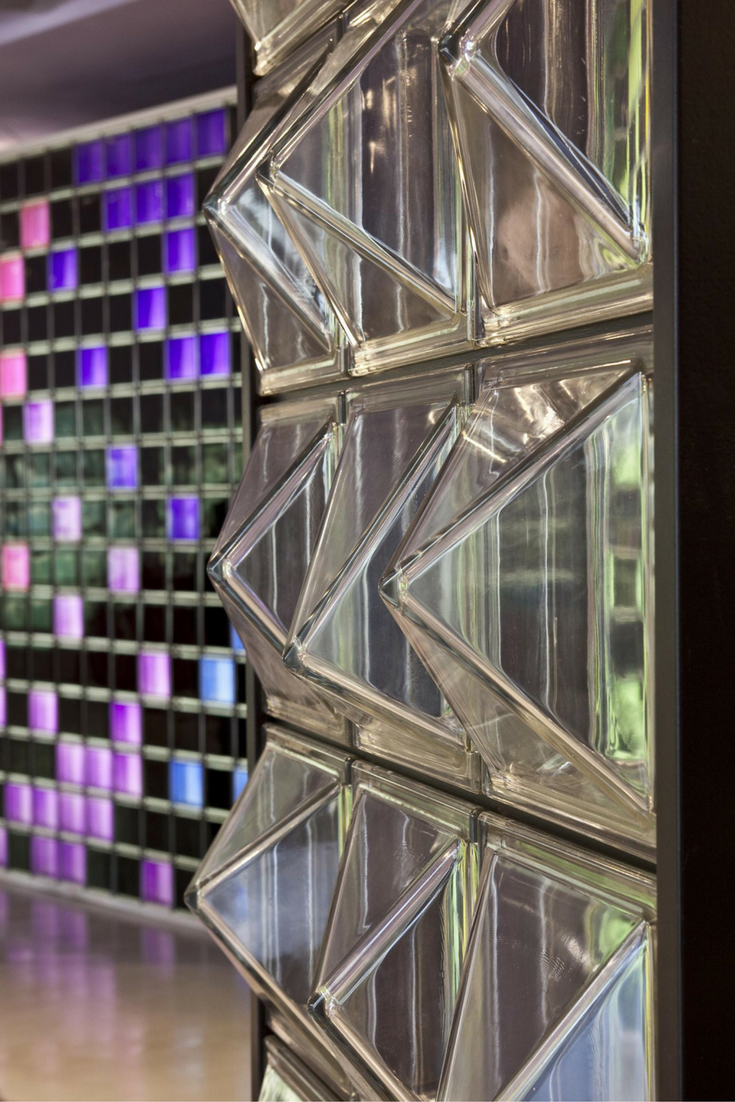 Textured glass wall partition in a pyramid type shape 