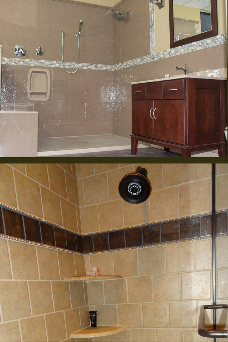 Solid surface and tile shower walls 