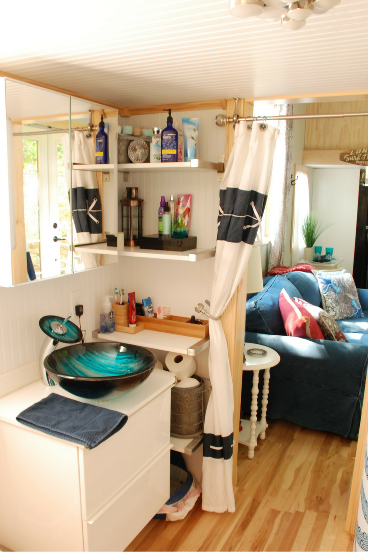 glass vessel bowl luxury sink in a custom tiny home in north carolina